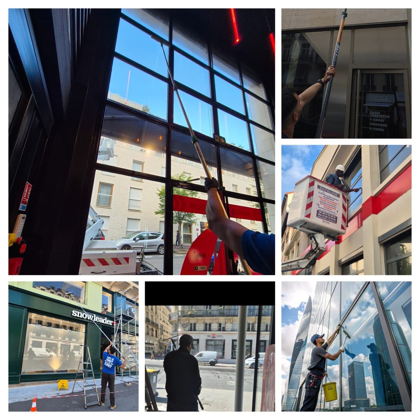 Interventions Paris Éclat sur des vitrines et façades en hauteur